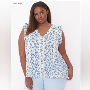 Lane Bryant Sleeveless Ruffle Blue Floral Top Blouse Size 14